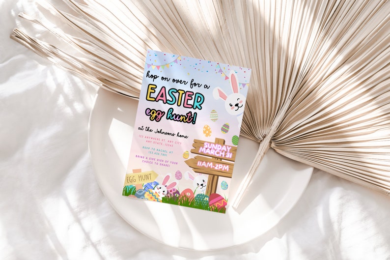 May include: A colorful Easter egg hunt invitation with a bunny rabbit, eggs, and a sign that says "Sunday March 31 11AM-2PM".