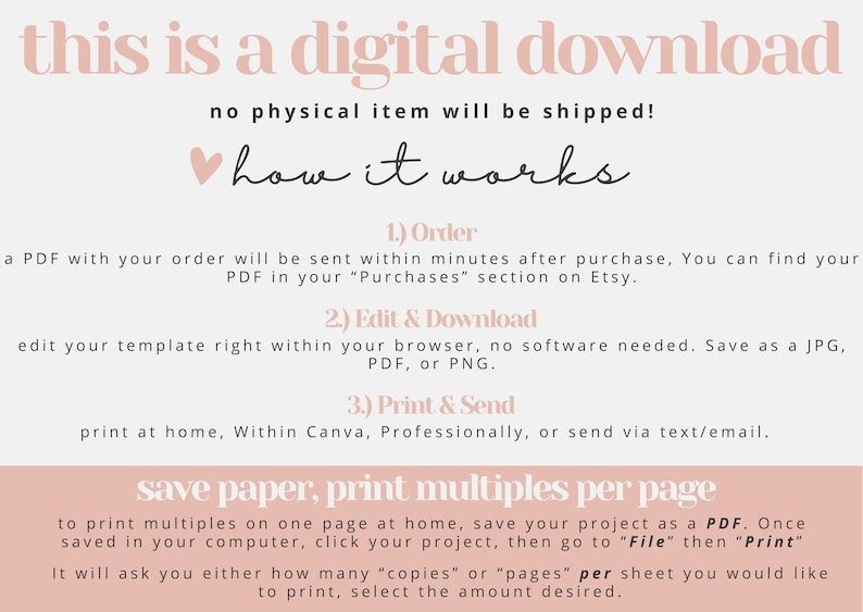 May include: A pink and white graphic with the text "this is a digital download" and "no physical item will be shipped!"  A heart icon with the text "how it works" is below.  The graphic explains how to order, edit, and print a digital download.  The text "save paper, print multiples per page" is in a pink box.
