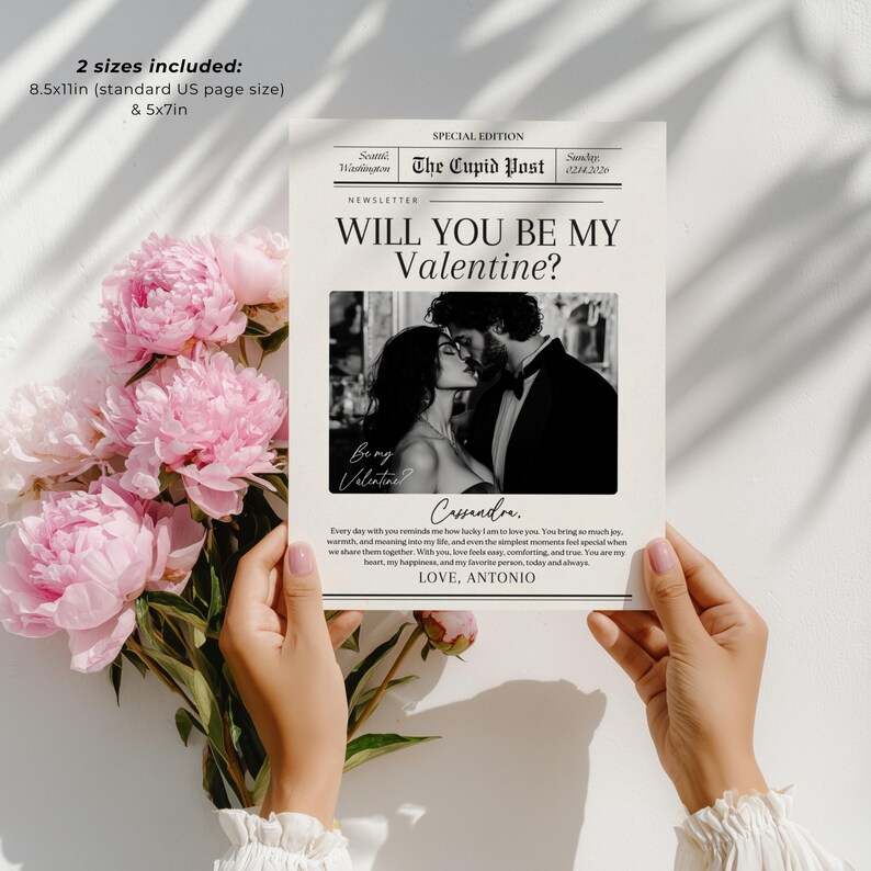 Editable Valentines Day Newspaper Template, Personalized Valentines Gift, Cupid Newspaper Printable Will You Be My Valentine, Couple Gift image 3