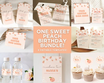 One Sweet Peach Party Bundle, One Sweet Peach Theme, One Sweet Peach Birthday, 1st Birthday Bundle, Signs, Cupcake Toppers, Invites, Groovy