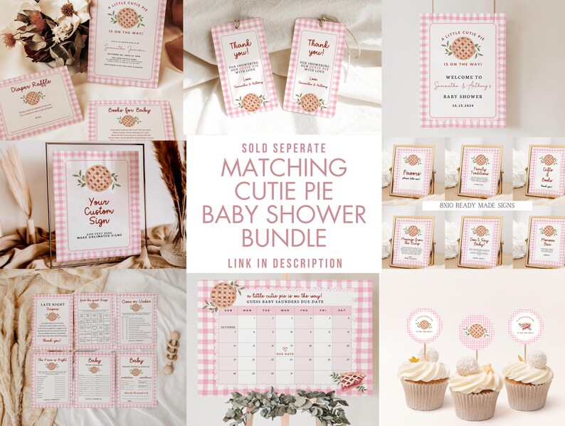 Puede incluir: Letreros imprimibles para baby shower de gingham rosa y blanco con tem&aacute;tica de pastel. Los letreros incluyen un letrero de bienvenida, un letrero de rifa de pa&ntilde;ales, un letrero de libros para beb&eacute;s, un letrero personalizado, un letrero de juego y un calendario. Los letreros se venden por separado.