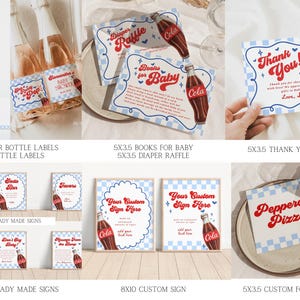 Może przedstawiać: Zestaw materiał&oacute;w na baby shower w stylu retro z motywem napoju gazowanego. Zawiera etykiety na butelki z wodą, znaki i karty. Projekty charakteryzują się czerwoną i białą kolorystyką z ilustracją butelki coli.