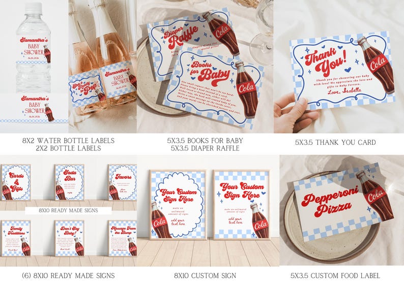 Może przedstawiać: Zestaw materiał&oacute;w na baby shower w stylu retro z motywem napoju gazowanego. Zawiera etykiety na butelki z wodą, znaki i karty. Projekty charakteryzują się czerwoną i białą kolorystyką z ilustracją butelki coli.