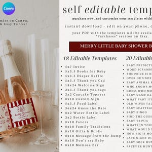 May include: Two bottles of sparkling wine with red and white labels, alongside two champagne flutes. The labels read "Merry Little Baby Shower" with a Christmas tree design. The image also includes a list of editable templates and games.