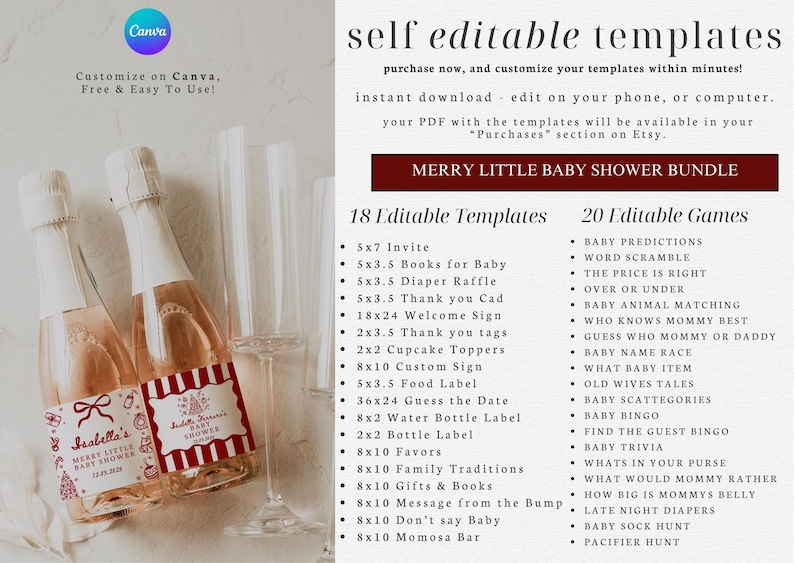 May include: Two bottles of sparkling wine with red and white labels, alongside two champagne flutes. The labels read "Merry Little Baby Shower" with a Christmas tree design. The image also includes a list of editable templates and games.
