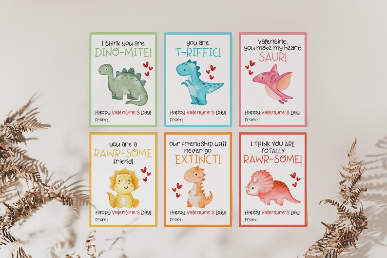 Dinosaur Valentine's Day Cards for Kids, Kids Valentine Cards, Dino ...