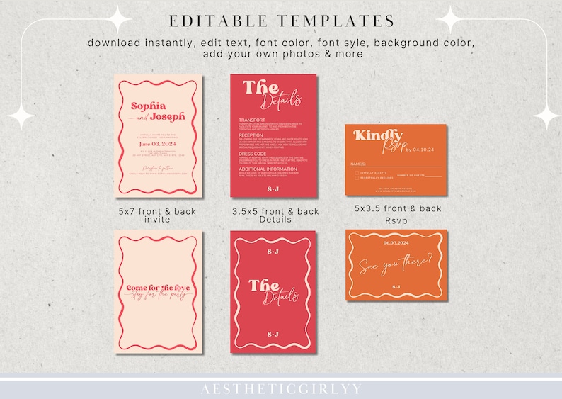 Retro Wedding Invitation Suite, Modern Wedding Set, Colorful Wedding Invitation, VIbrant Wedding Invitation, Pink, Red, Orange Digital image 6