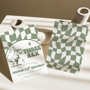 May include: Two party invitations with a green and white checkered pattern. One invitation features a dinosaur wearing sunglasses and a party hat, with the text "THREE REX" and "CHARLIE'S 3rd BIRTHDAY". The other invitation has the same checkered pattern.