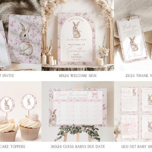 Op de afbeelding: Een set met printbare babyborreldecoraties met een roze en wit bloemenontwerp met een konijnenillustratie. De set bevat een uitnodiging, een welkomstbord, bedankkaartjes, cupcaketoppers, een spel om de uitgerekende datum van de baby te raden en verschillende babyborrelspellen.