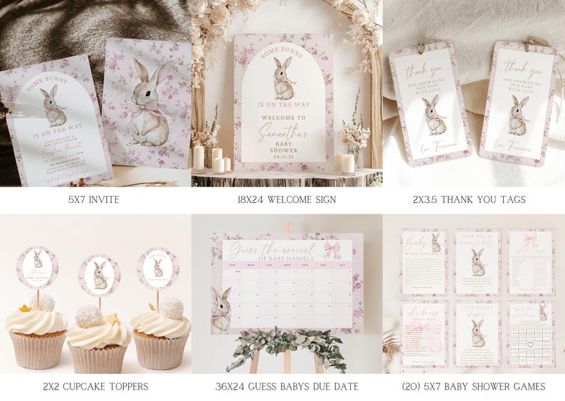Op de afbeelding: Een set met printbare babyborreldecoraties met een roze en wit bloemenontwerp met een konijnenillustratie. De set bevat een uitnodiging, een welkomstbord, bedankkaartjes, cupcaketoppers, een spel om de uitgerekende datum van de baby te raden en verschillende babyborrelspellen.
