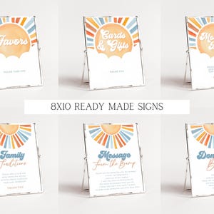 May include: Set of ten 8x10 inch printable signs with a retro sunburst design in shades of orange, yellow, and blue. The signs feature text in a retro font, including "Favors", "Cards & Gifts", "Mimosas Bar", "Family Traditions", "Message from the Bump", and "Don't Say Baby".