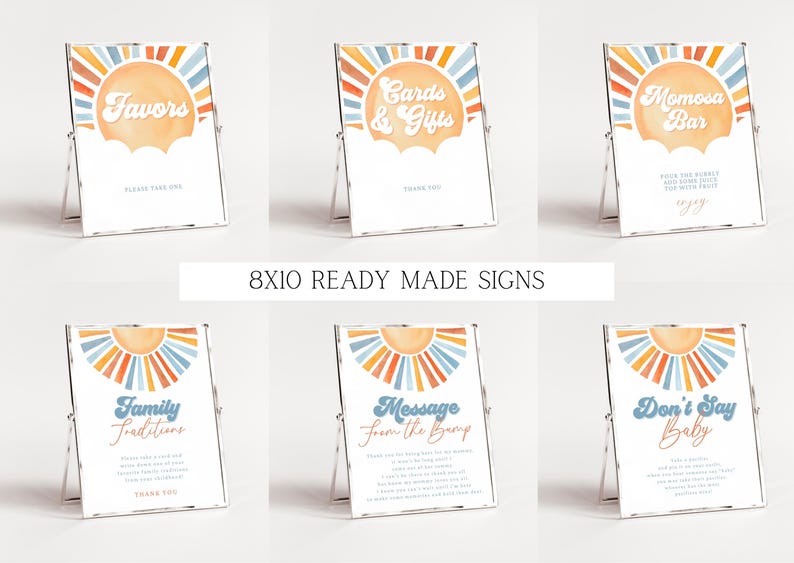May include: Set of ten 8x10 inch printable signs with a retro sunburst design in shades of orange, yellow, and blue. The signs feature text in a retro font, including "Favors", "Cards & Gifts", "Mimosas Bar", "Family Traditions", "Message from the Bump", and "Don't Say Baby".