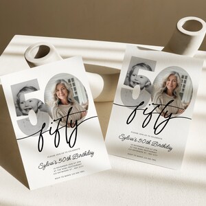 May include: A white invitation card with black text and a photo of a woman and a child. The text reads "Please join us to celebrate Sylvia's 50th Birthday".