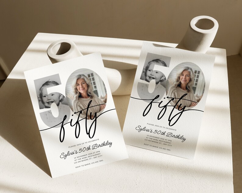 May include: A white invitation card with black text and a photo of a woman and a child. The text reads "Please join us to celebrate Sylvia's 50th Birthday".