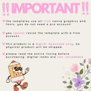 May include: A pink and white graphic with the text "!!IMPORTANT!!" and a list of important information about digital downloads. The graphic features a cartoon pencil character with a pink heart and a floral design.