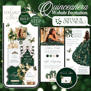Peut inclure: Un modèle d'invitation numérique pour Quinceañera avec des accents floraux vert émeraude et blancs, des papillons et une écriture élégante. La mise en page comprend des sections pour les détails de l'événement, le code vestimentaire et un formulaire RSVP.