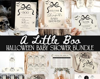Paquete para baby shower "A Little Boo is Almost Beginning", juego de invitaciones para baby shower de Halloween, letreros para baby shower, juegos, fantasma de otoño, araña, coqueta moderna