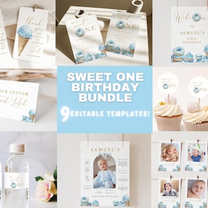 Pacchetto di compleanno dolce, invito per il primo compleanno, pacchetto primo compleanno per ragazzi, Boho, è un dolce, blu, pacchetto digitale, festa con ciambella, ragazzo