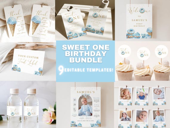 Sweet One Birthday Bundle, 1st Birthday Invite, Boys first birthday Bundle, Boho, He's a Sweet One, Blue, Digital Bundle, Donut Party, Boy
