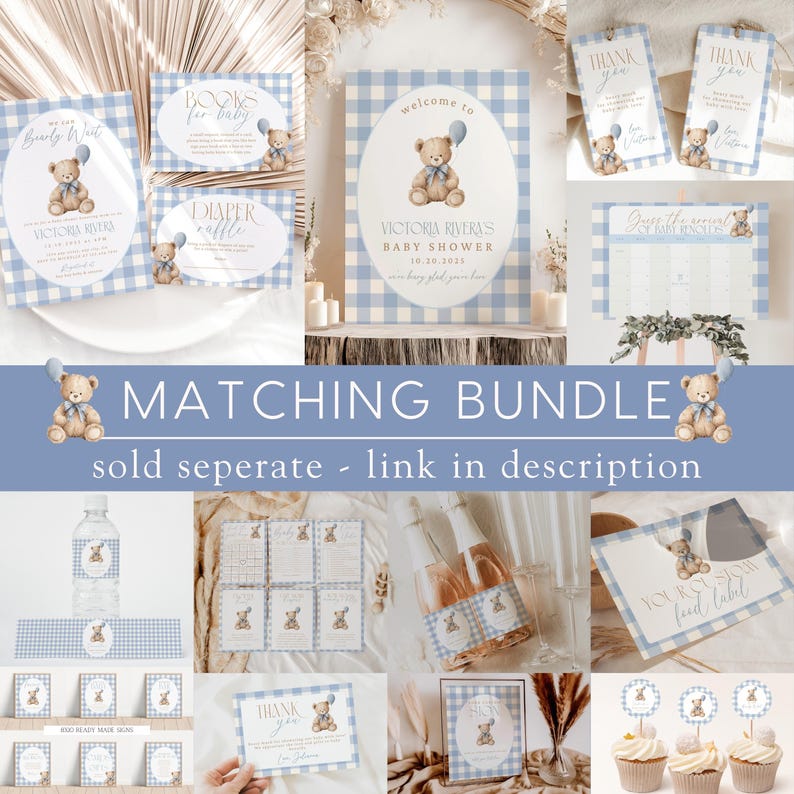 May include: A collection of baby shower decorations with a blue and white gingham pattern and teddy bear illustrations. Includes signs, tags, and labels. The text reads "Welcome to Victoria Rivera's Baby Shower" and "Matching Bundle".