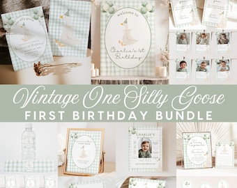 Puede incluir: Un paquete de fiesta imprimible para un primer cumpleaños con un tema vintage. El diseño presenta un lindo ganso con un gorro de fiesta y un patrón de cuadros verdes y blancos. El paquete incluye un letrero de bienvenida, tarjetas de agradecimiento, etiquetas de comida y otros artículos imprimibles.