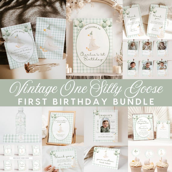 One Silly Goose First Birthday Bundle, Vintage Gender Neutral Goose Invite First Birthday Bundle, Boy Sage Plaid 1st birthday Boho Aesthetic