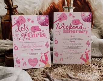 May include: Pink and white invitation cards with a country music theme. The cards feature a disco ball, cowboy hats, and boots. The text on the cards reads "Let's go Girls" and "Weekend Itinerary".