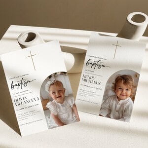 May include: Two baptism invitations with a gold cross and a photo of a baby in a white dress and a baby in a white shirt. The text on the invitations reads "Please join us for the baptism of our daughter Olivia Villanueva" and "Please join us for the baptism of our son Henry Michaels".