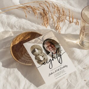 May include: An invitation card for an 80th birthday celebration. The card features the word "eighty" in elegant script, along with two oval portraits, one of a baby and one of an elderly man. The card includes event details.