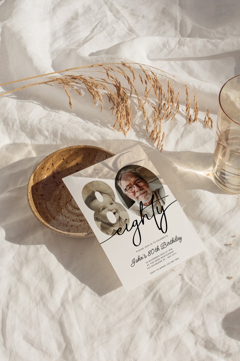 May include: An invitation card for an 80th birthday celebration. The card features the word "eighty" in elegant script, along with two oval portraits, one of a baby and one of an elderly man. The card includes event details.