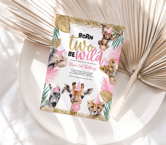 Two Wild Second Birthday Invite, Born Two Be Wild, Safari 2nd Birthday Party, Jungle Animal Birthday, Party Animals Invite Two, Glitter