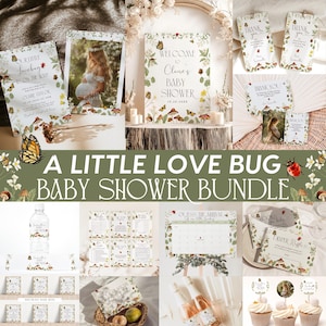 Paquete de baby shower &quot;A Little Love Bug Is On The Way&quot;, decoración de baby shower de jardín, género neutro, mariquita, insecto, bohemio, verano floral verde digital