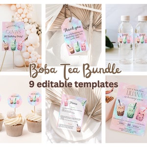 Peut inclure: Un ensemble de 9 modèles imprimables pour une fête sur le thème du boba tea. Les modèles présentent un schéma de couleurs rose pastel, bleu et violet avec des illustrations de tasses de boba tea. Le texte sur les modèles comprend "Let's Par-Tea!" et "Boba Tea Bundle".