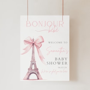 18x24 Bonjour bebe Shower Willkommensschild, Bonjour Bébé Babyparty, Eiffelturm, Pariser Café, Paris Babyparty boho, Willkommensposter, Paris