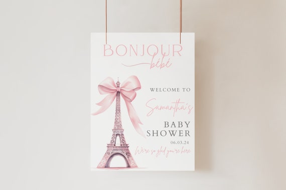 18x24 Bonjour bebe Shower Welcome Sign, Bonjour Bébé Baby Shower, Eiffel Tower, Parisian Cafe, Paris Baby Shower boho, Welcome Poster, Paris