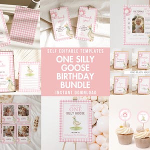 One Silly Goose First Birthday Bundle, Silly Goose Invite Digital First Birthday Bundle, Pink Plaid Girls 1st birthday, Girls first Birthday