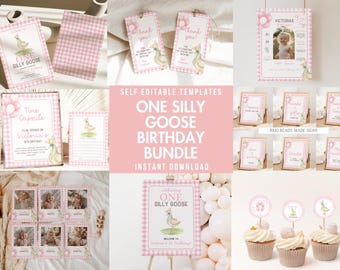 One Silly Goose First Birthday Bundle, Silly Goose Invite Digital First Birthday Bundle, Pink Plaid Girls 1st birthday, Girls first Birthday