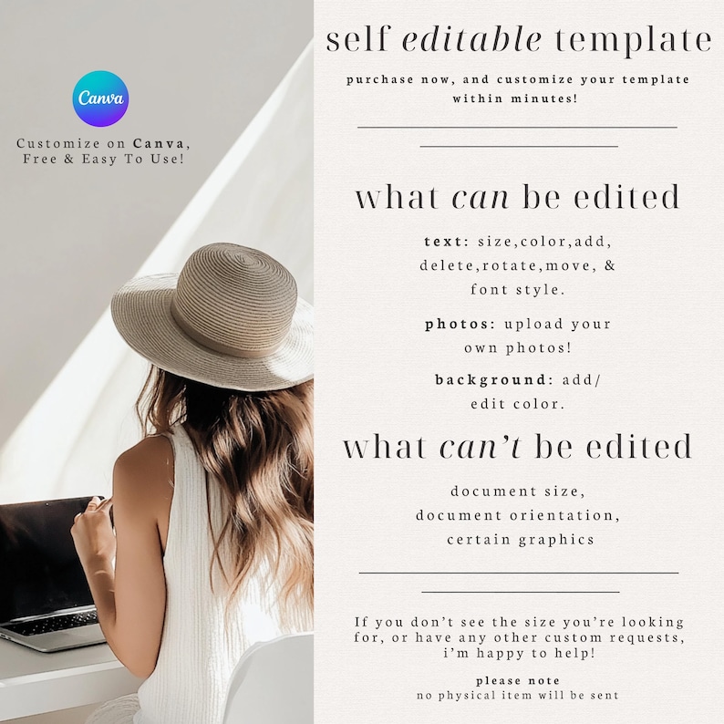Puede incluir: Una persona con un sombrero para el sol est&aacute; sentada en un escritorio con una computadora port&aacute;til. El texto en el lado derecho de la imagen dice "self editable template" y enumera lo que se puede y no se puede editar. El logotipo de Canva est&aacute; en la esquina superior izquierda.