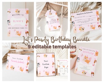 Lot de modèles numériques Pawty, décoration de fête imprimable chiot, lot d'anniversaire chien, étiquettes de remerciement pour chiot, décorations de cupcakes