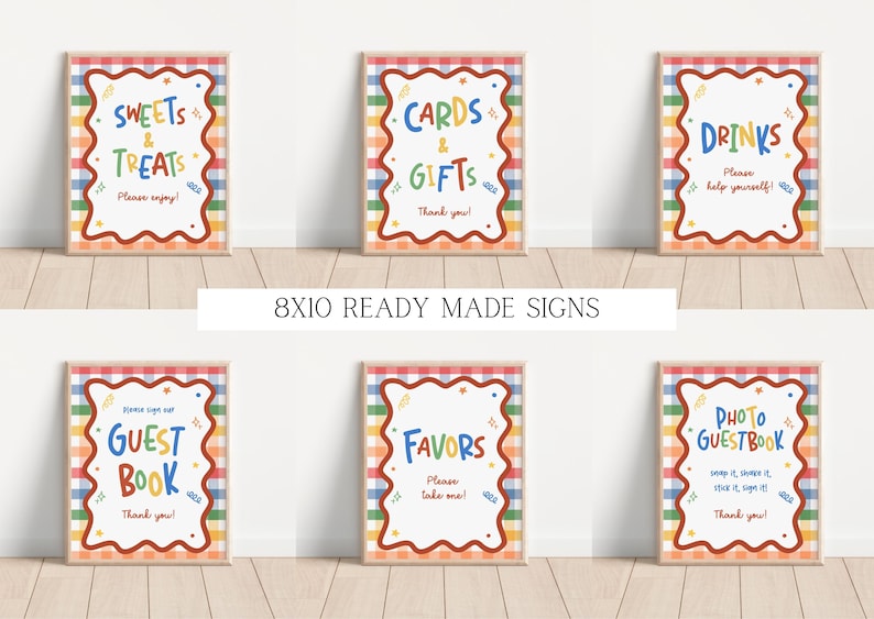 Puede incluir: Seis letreros rectangulares con un borde de cuadros arco&iacute;ris y un marco rojo ondulado. Los letreros presentan texto colorido: Sweets & Treats, Cards & Gifts, Drinks, Guest Book, Favors y Photo Guestbook, cada uno con texto instructivo.