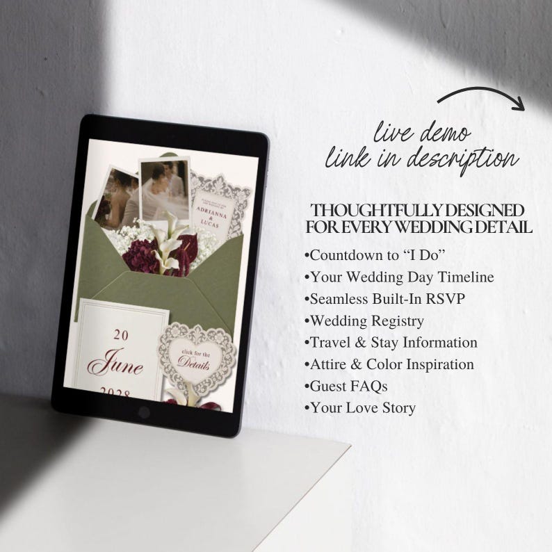 May include: A tablet displaying a digital wedding invitation website with an olive green envelope, floral accents, and the date 20 June 2028. Text includes "live demo link in description" and a list of features like "Countdown to I Do" and "Wedding Registry."