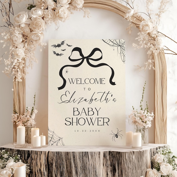 Halloween Baby Shower Welcome Sign, A Little Boo Baby Shower Signs, Ghost Spooktacular Modern, Coquette Baby Shower Spider Moody 18x24
