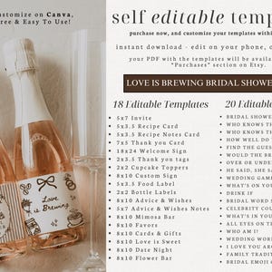 Peut inclure: Deux bouteilles de champagne avec des &eacute;tiquettes indiquant "Love is Brewing Bridal Shower". Les bouteilles sont &agrave; c&ocirc;t&eacute; d'une fl&ucirc;te &agrave; champagne. L'image comprend &eacute;galement du texte qui dit "Personnalisez sur Canva, facile &agrave; utiliser !" et une liste de mod&egrave;les et de jeux modifiables.