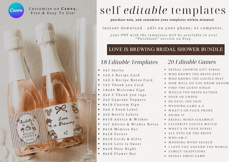 Peut inclure: Deux bouteilles de champagne avec des &eacute;tiquettes indiquant "Love is Brewing Bridal Shower". Les bouteilles sont &agrave; c&ocirc;t&eacute; d'une fl&ucirc;te &agrave; champagne. L'image comprend &eacute;galement du texte qui dit "Personnalisez sur Canva, facile &agrave; utiliser !" et une liste de mod&egrave;les et de jeux modifiables.