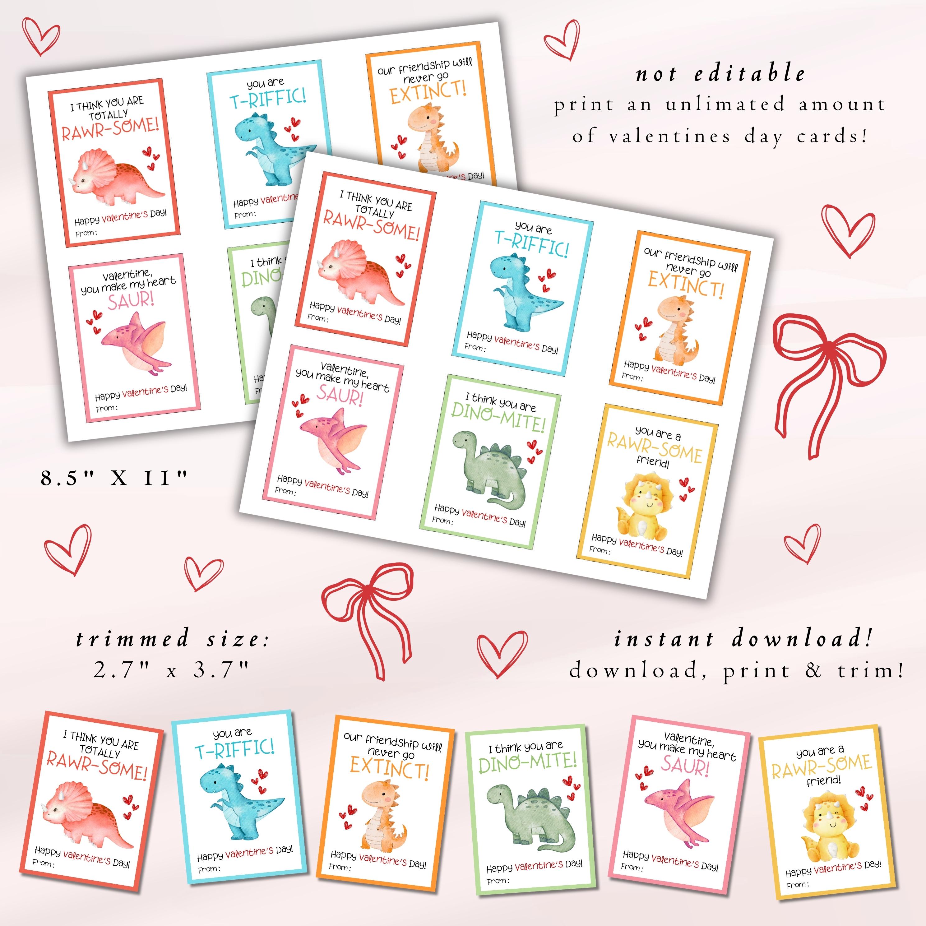 Dinosaur Valentine's Day Cards for Kids, Kids Valentine Cards, Dino ...