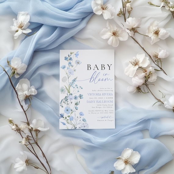 Blue Baby In Bloom Invitation, Boy Wildflower Baby Shower invite, Spring summer floral Baby shower, Digital Baby shower invitation template