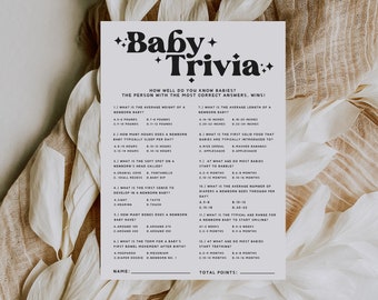 Baby Shower Trivia Game, Printable Baby Shower Games, Baby Shower Trivia, Boho Baby Shower, Minimalist Baby Shower, Baby Shower Games 5x7