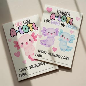 Tarjetas de San Valentín con ajolotes, Tarjetas de San Valentín con ajolotes, Tarjetas de San Valentín imprimibles para el aula para niños, San Valentín con animales imagen 4