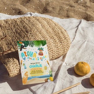 May include: A colorful invitation for a luau themed birthday party. The invitation features a cartoon tiki head, palm trees, and the text "Aloha Hula On Over and join the fun Charlie is turning one!"
