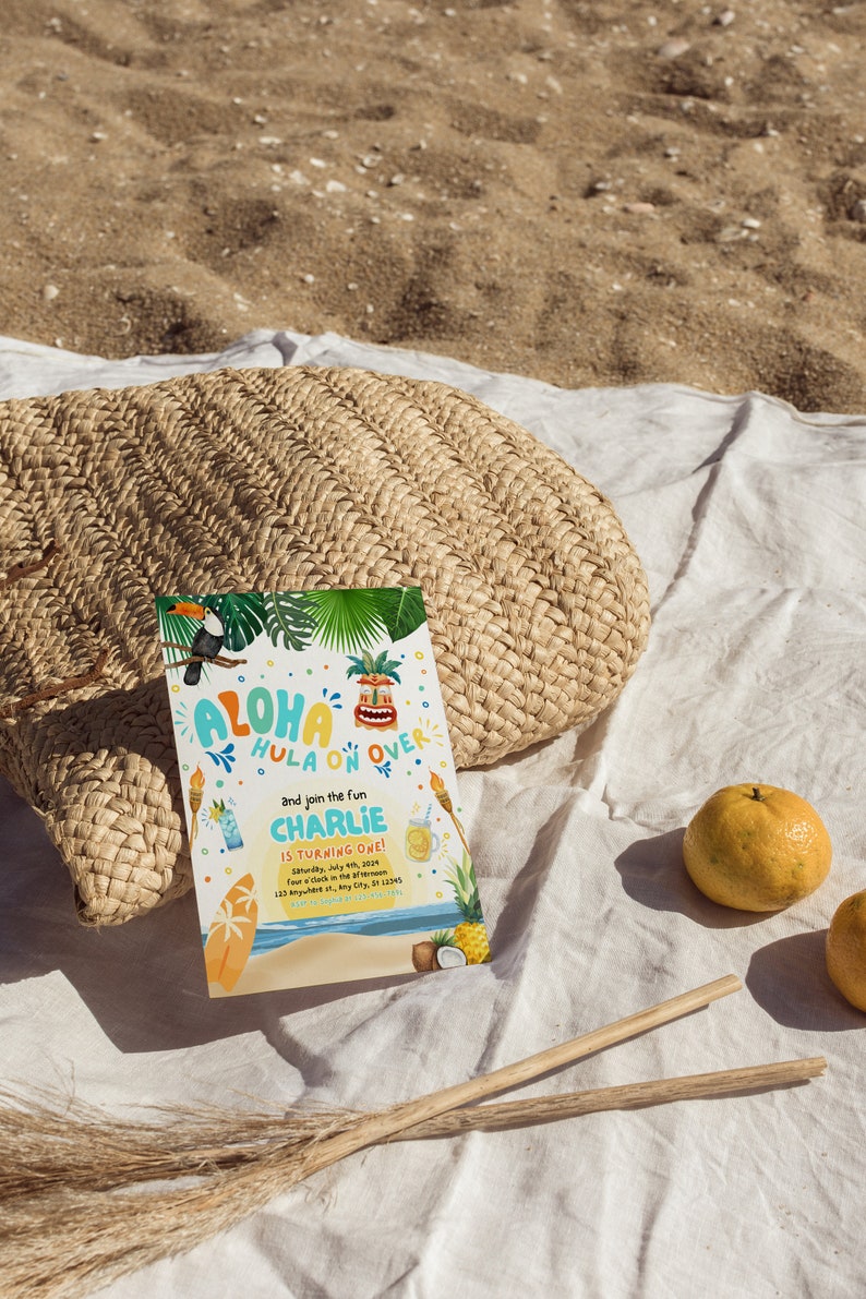 May include: A colorful invitation for a luau themed birthday party. The invitation features a cartoon tiki head, palm trees, and the text "Aloha Hula On Over and join the fun Charlie is turning one!"